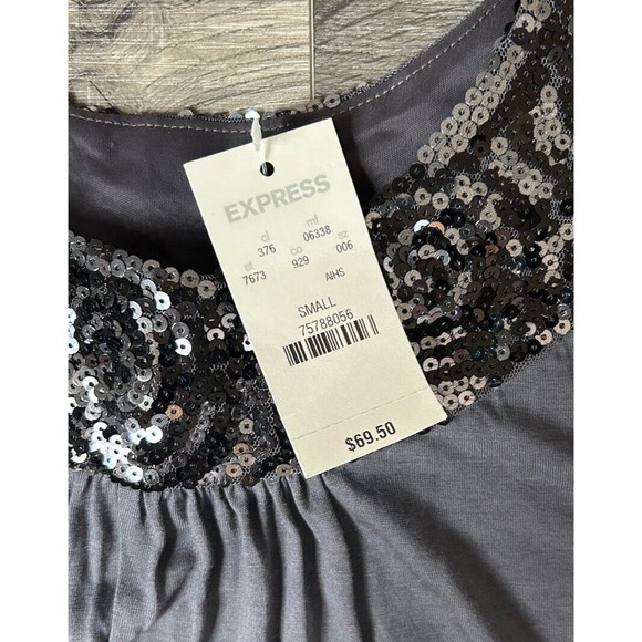 EXPRESS Charcoal Gray Sequin Trimmed Cotton Tunic Mini Dress Size S Side Pockets - Picture 4 of 10